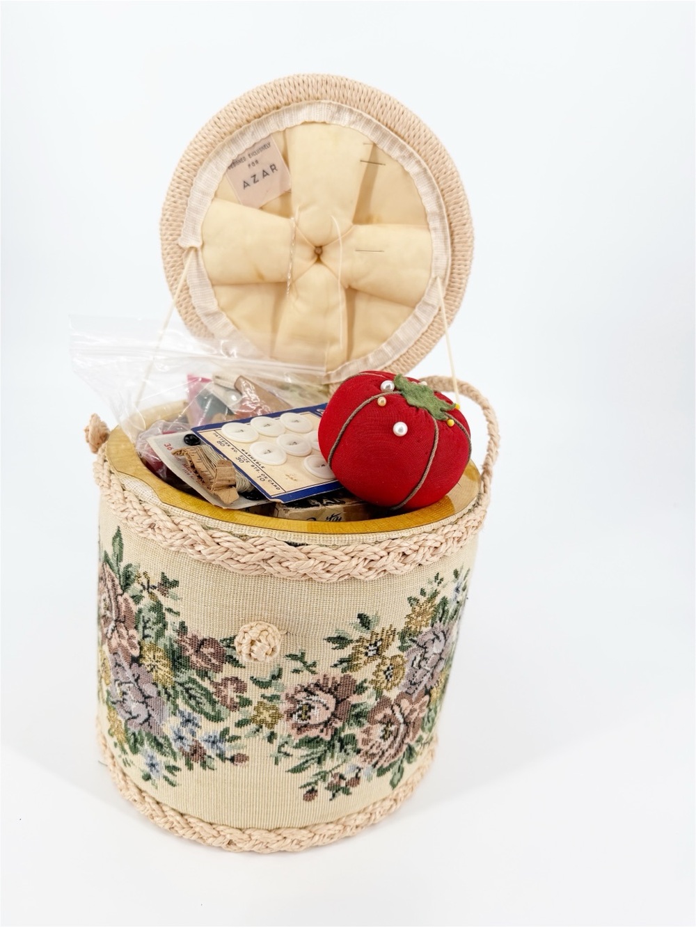 Vintage Tapestry Sewing Basket Full of Vintage Sewing Supplies - Picture 5 of 13